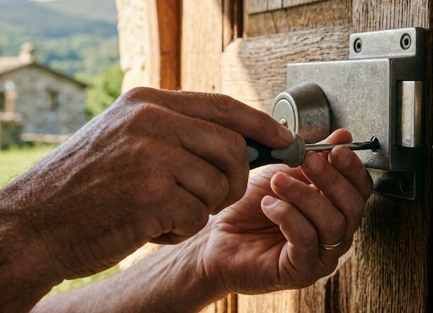 Instalación de cerrojo de seguridad en puerta rústica por cerrajero en Dúdar